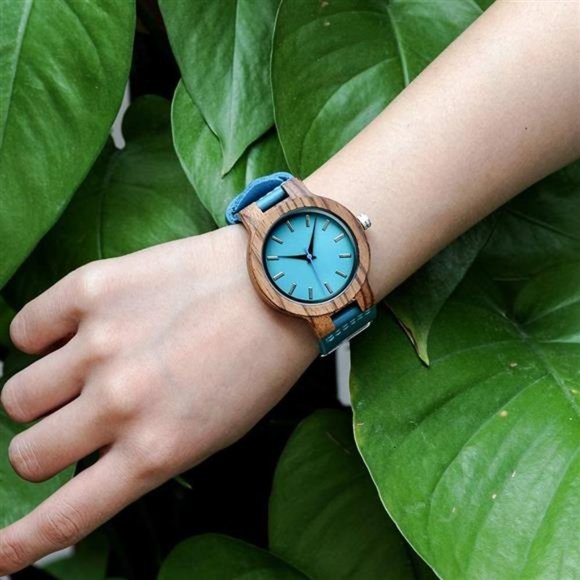 Women\'s Bamboo Stylish Wooden Watch with Blue Cowhide Leather Strap